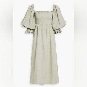 Sleeper Atlanta Shirred Linen Midi Dress, Sage Green, XS